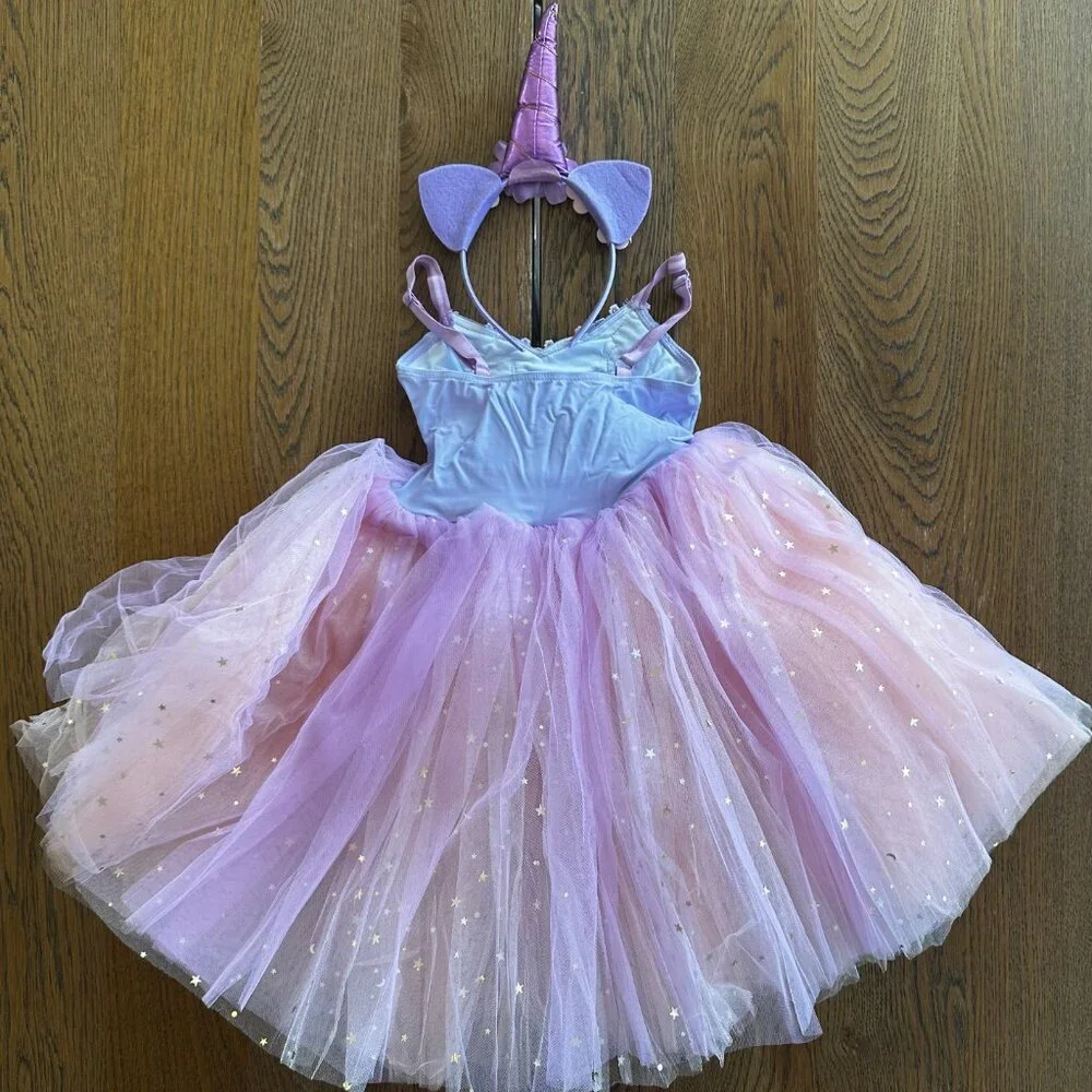 Girls Dance Unicorn Leotard Costume Purple Pink Lilac Headband and Tutu